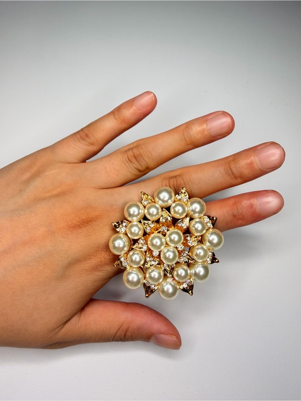 Pearl Cluster Floral Statement Ring in White and Gold - Picture 3 of 8